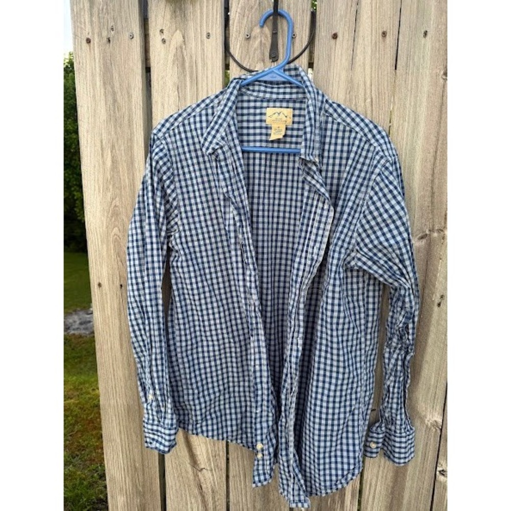 Gingham Plaid Blue Mountain Button Down Shirt Mens M Navy White Long Sleeve